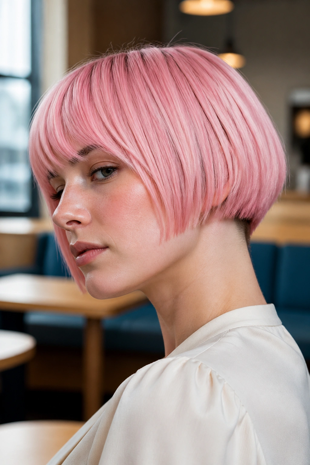 Close-up portrait of a real woman with cherry blossom micro-bob and crisp nape in a cafe