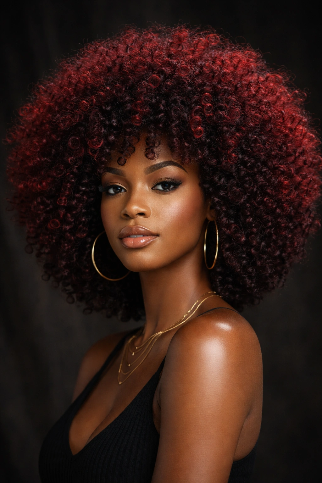 Bold cherry cola red afro with a dark base and vibrant outer halo