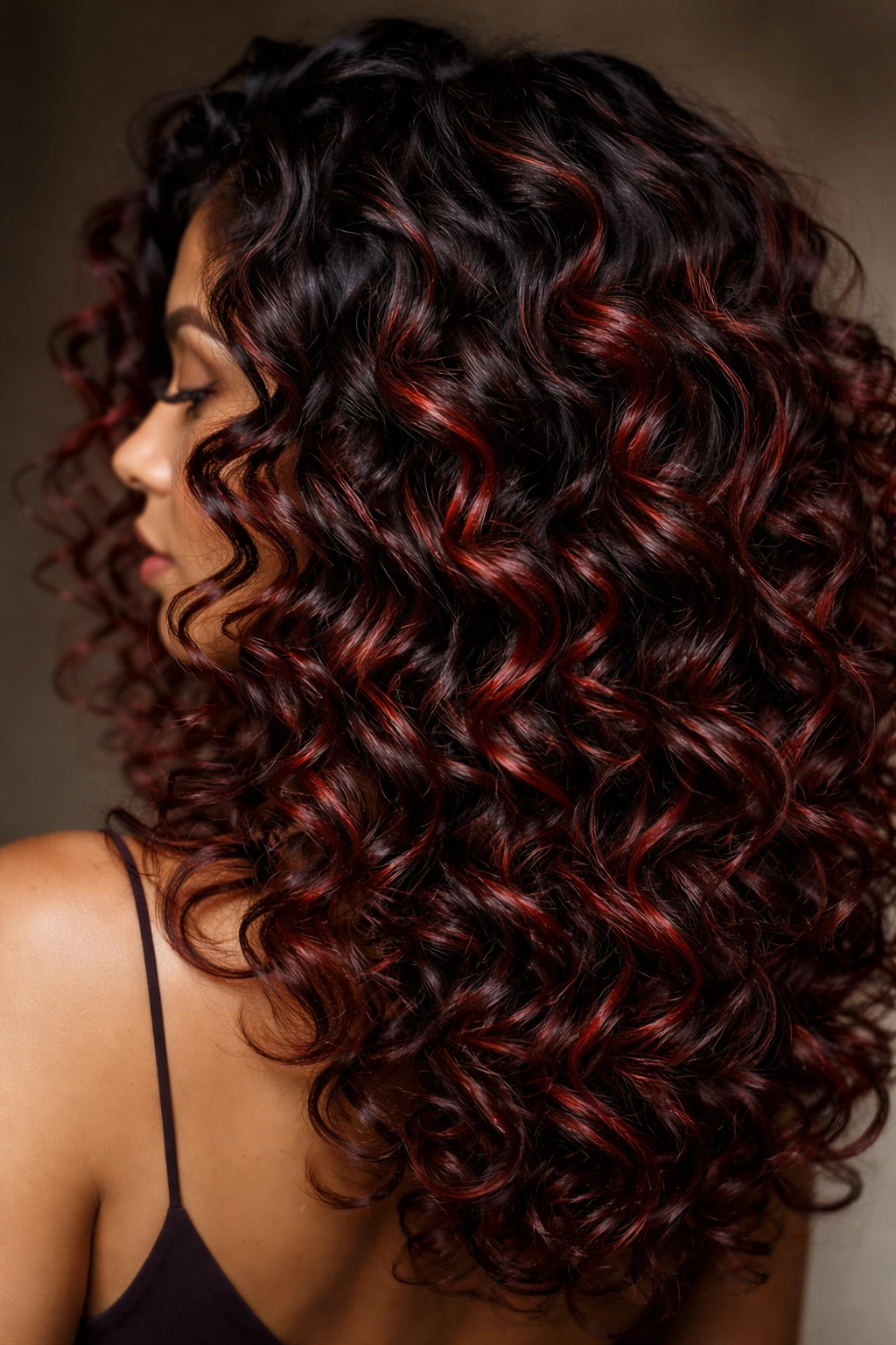 Close-up of curls in cherry cola red with deep base and gloss