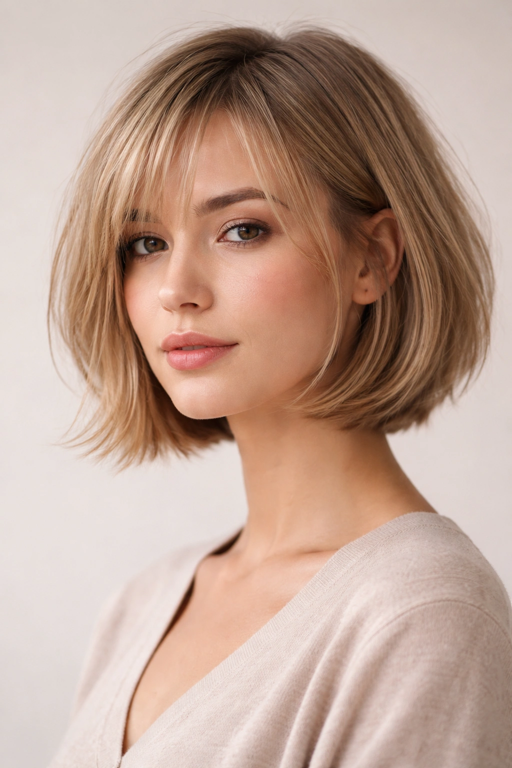 Close-up of chin-grazing wispy bob on fine hair with blunt chin-length edge