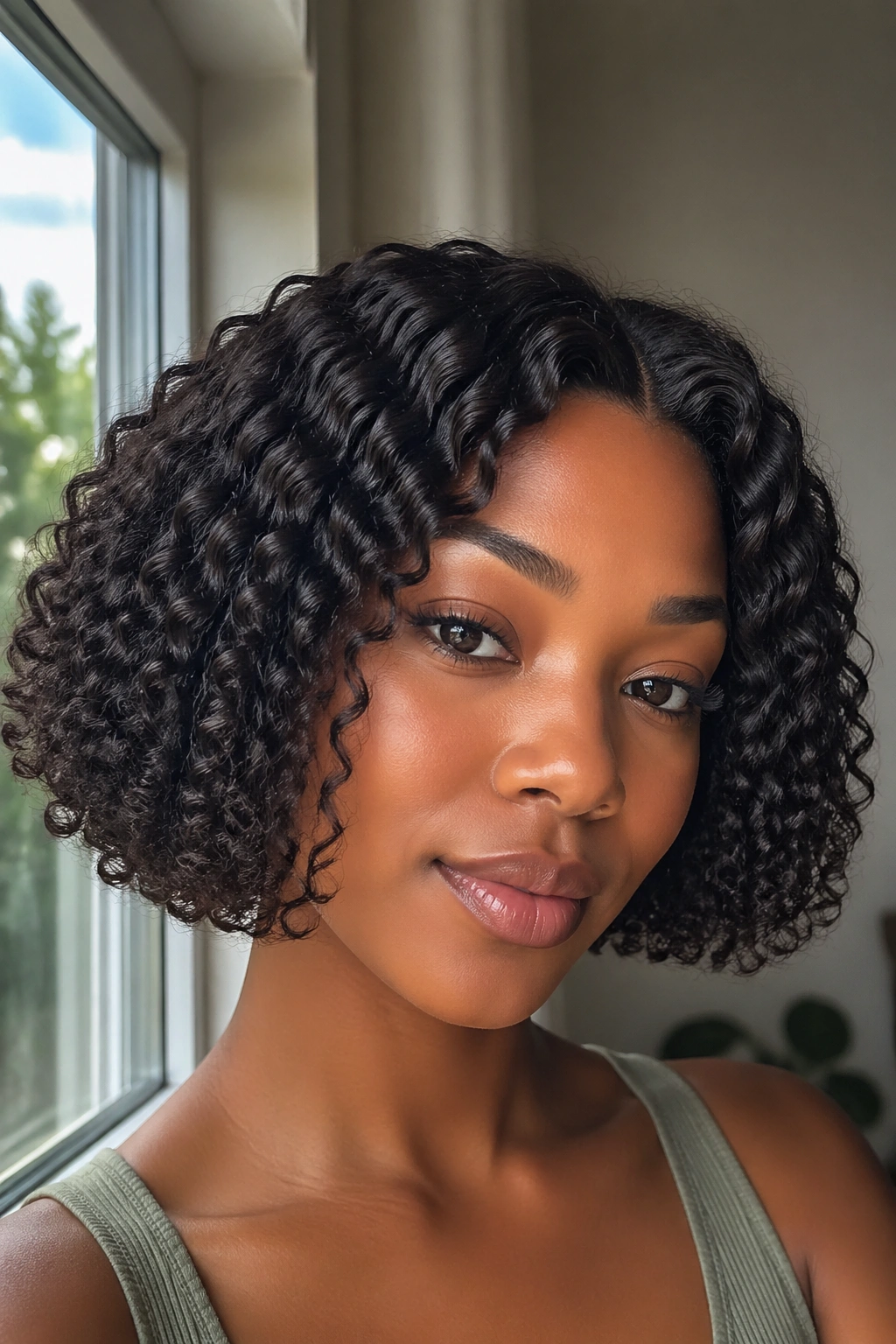 Close-up of a real woman wearing a Chin-Length Afro Bob Wig With Loose Coils