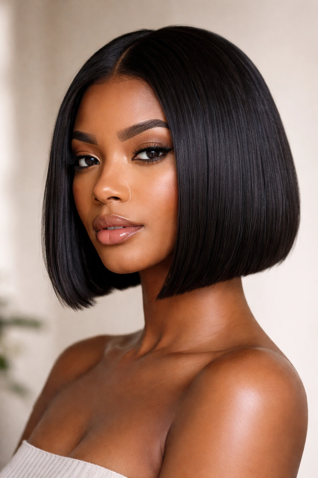 Close-up of chin-length blunt bob on black hair with an even perimeter and glossy finish