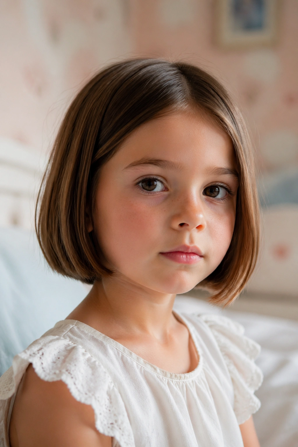 Close-up portrait of a child with a chin-length blunt bob in soft natural light
