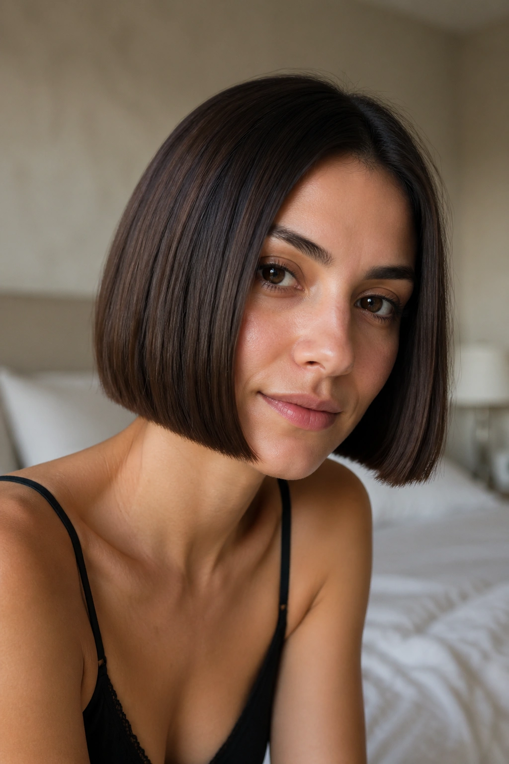 Close-up portrait of a real woman with a chin-length blunt bob under natural window light