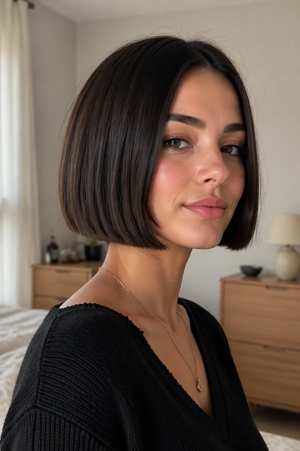 Close-up portrait of a real woman with a chin-length blunt bob and crisp edge