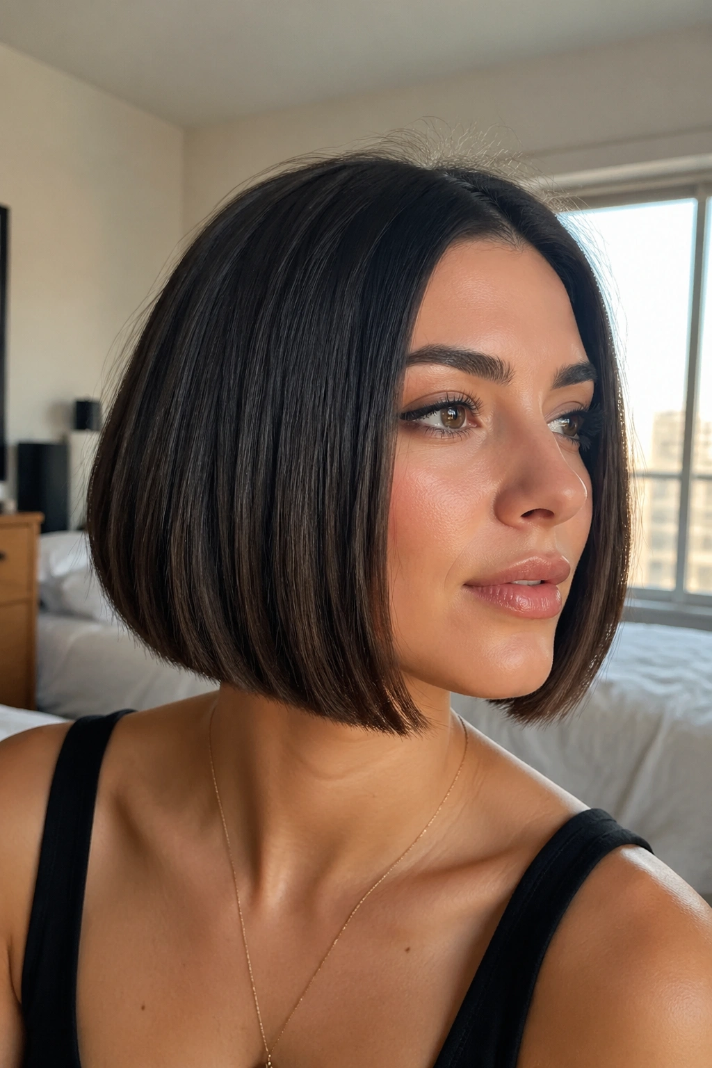 Close-up portrait of a real woman with a chin-length blunt bob showing a crisp jawline and thick coarse hair texture