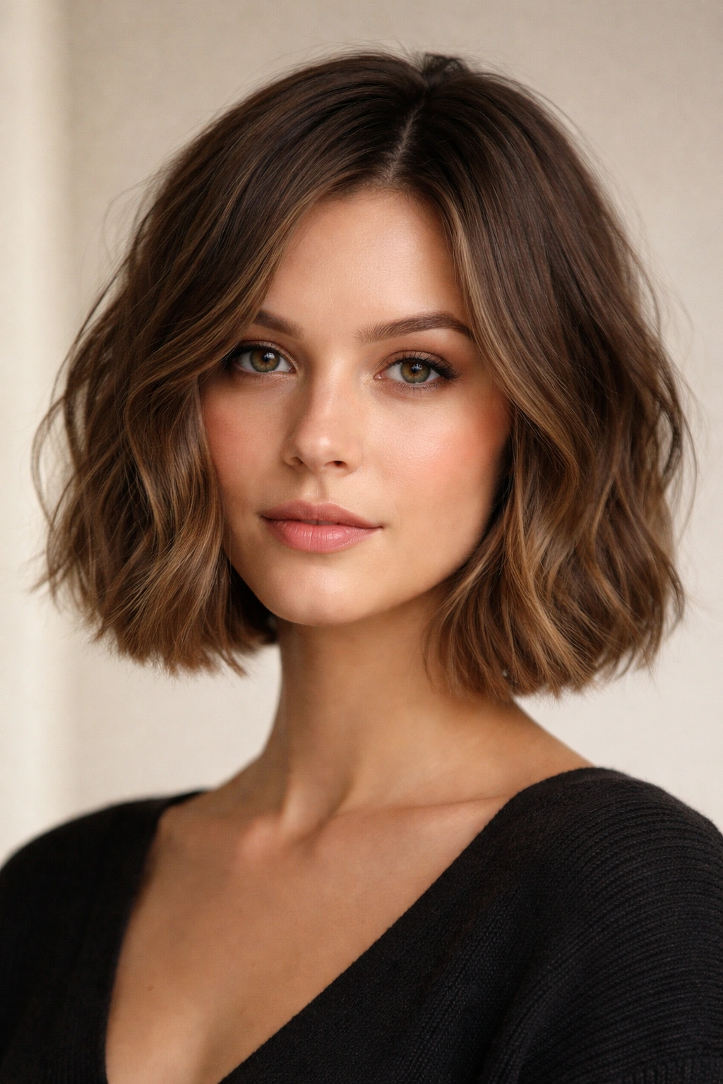 Close-up of chin-length blunt bob on wavy hair showing a crisp edge