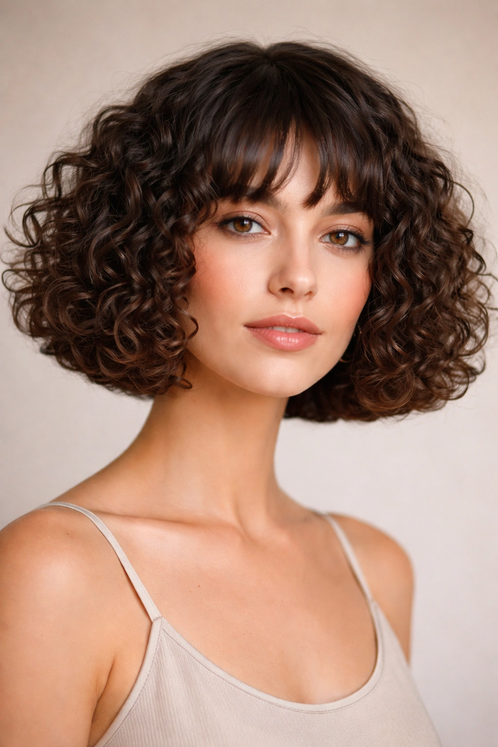 Chin-length blunt curly bob with a crisp line and dense curls.
