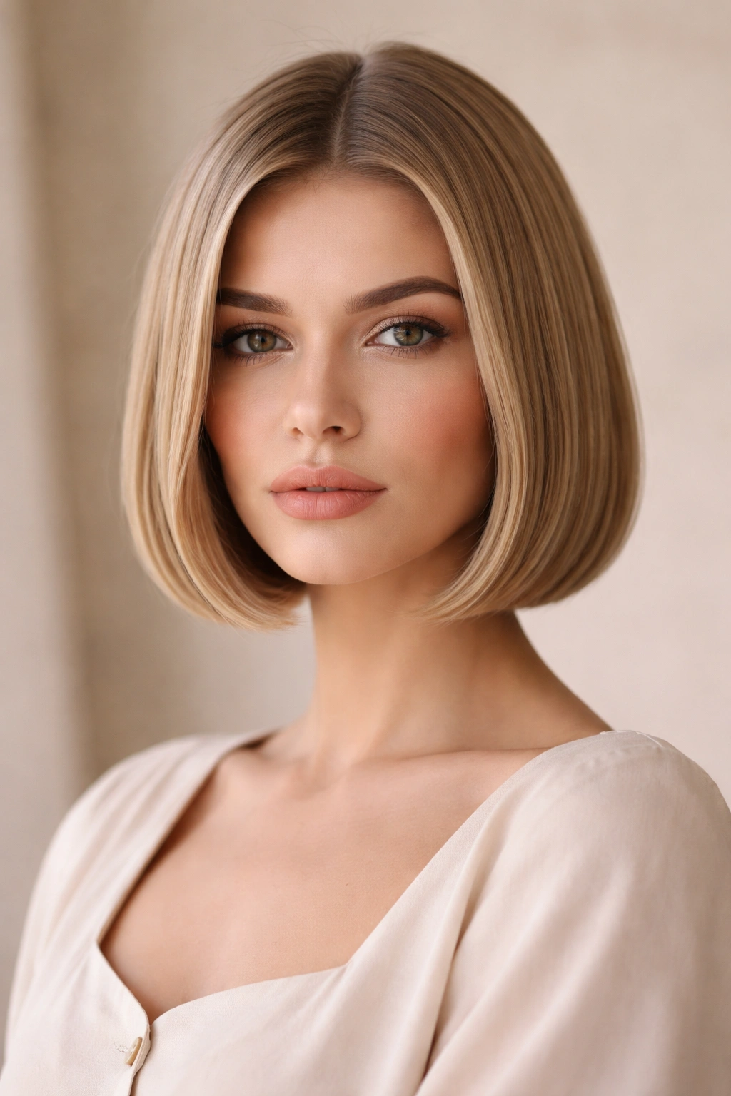 Front view of a chin-length blunt bob with softly beveled ends hugging the jaw