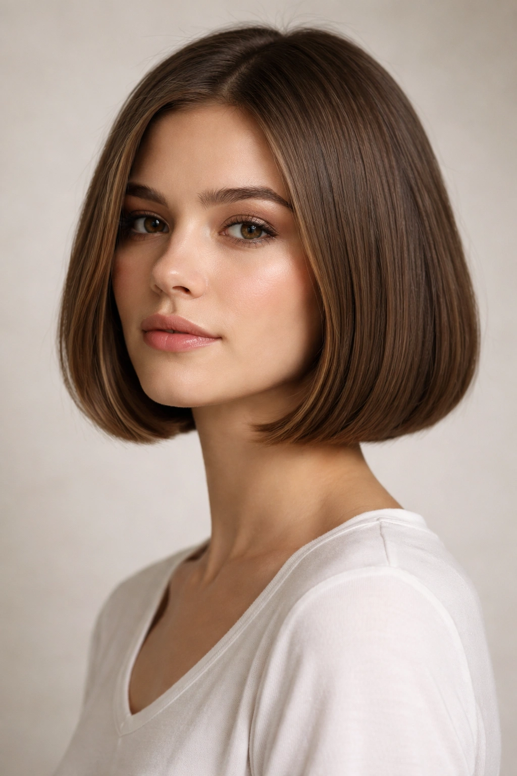 Close-up portrait of a woman with a jaw-length blunt bob, showcasing a crisp line