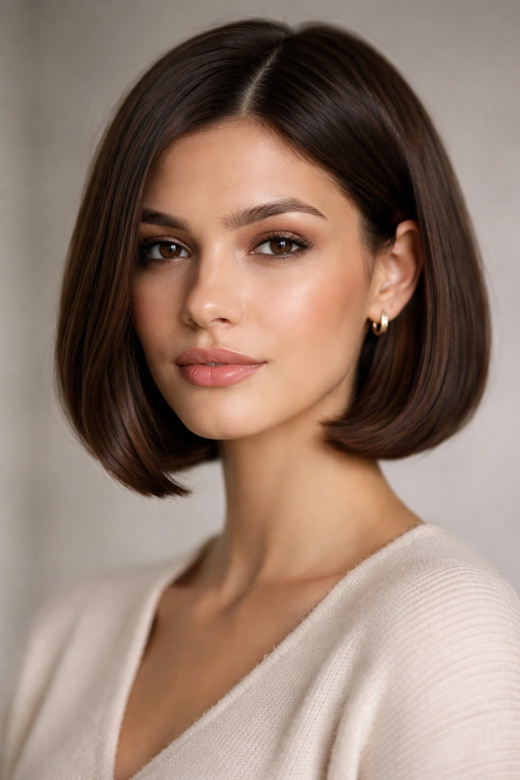 Close-up of chin-length Italian bob with blunt edge and subtle bend.