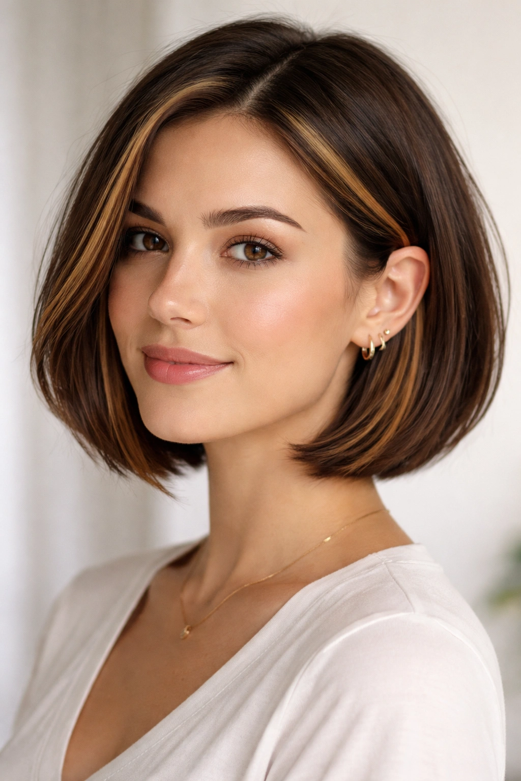 Close-up of a chin-length bob with soft caramel money pieces framing the face.