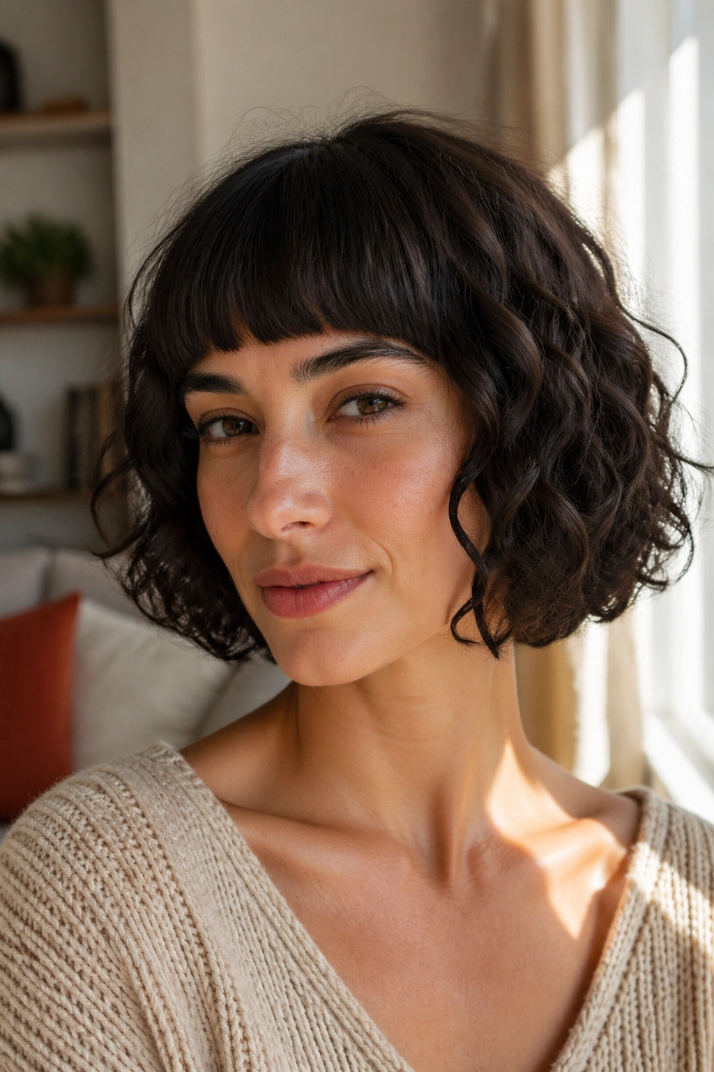 Close-up of real woman with chin-length curly bob and blunt bangs