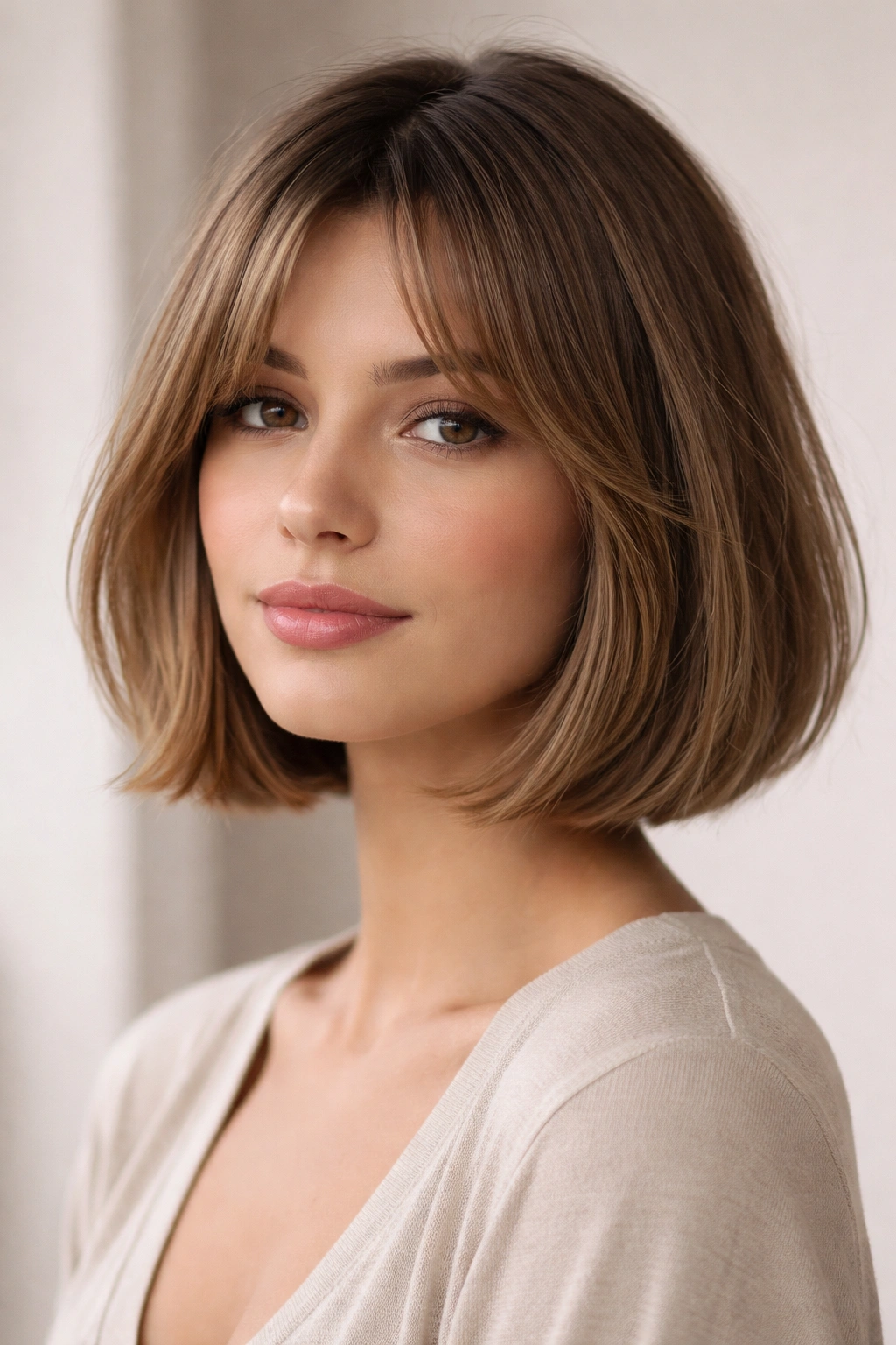 Close-up of a chin-length bob with curtain bangs framing the cheeks.