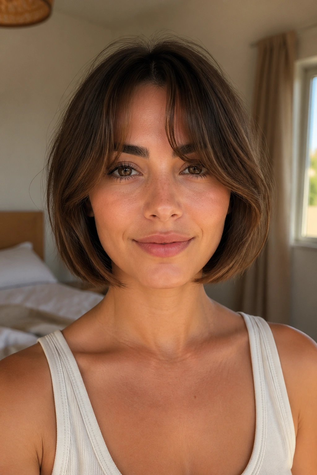 Close-up of a real woman with a chin-length bob and curtain bangs in warm window light