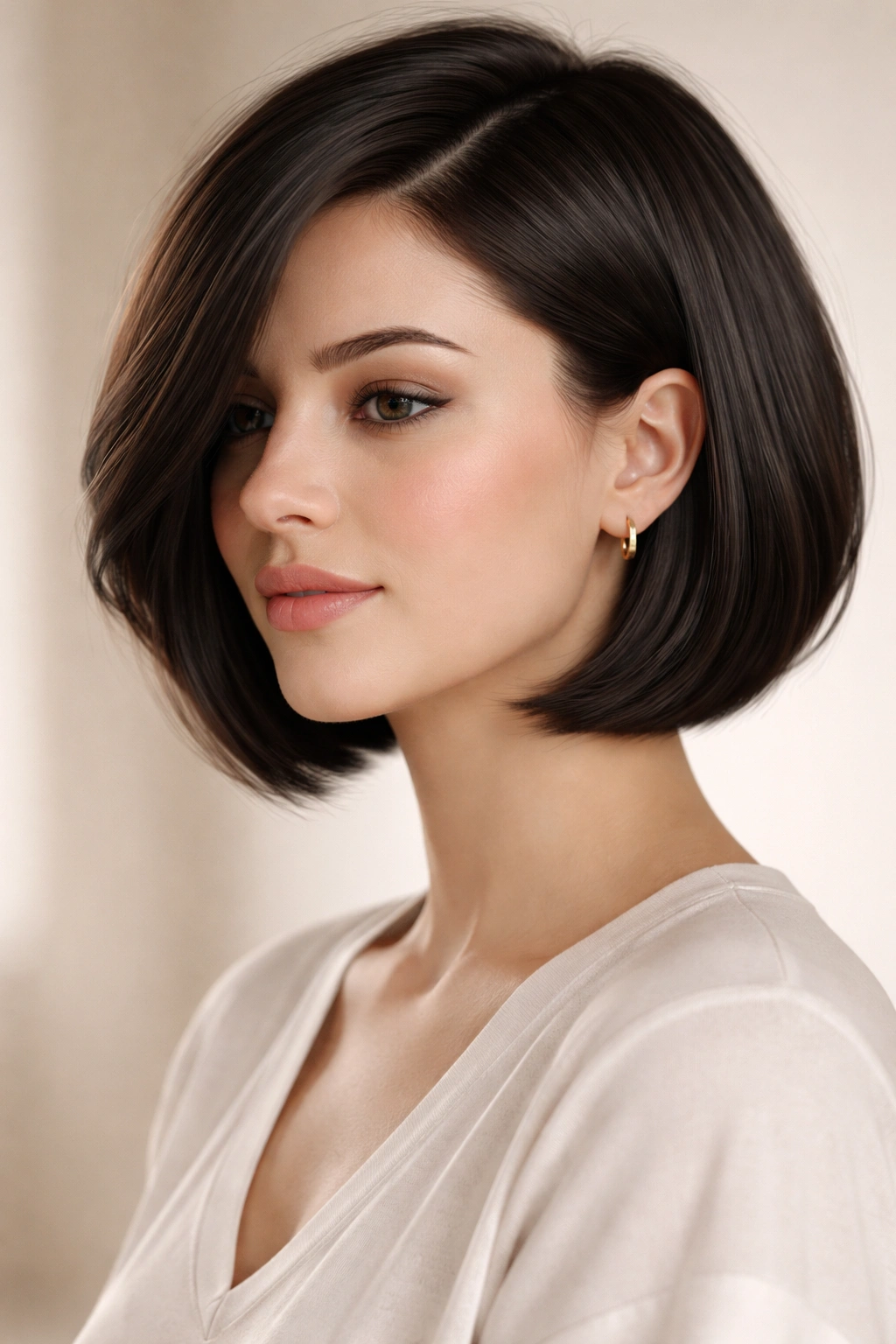 Close-up of a person with a chin-length bob and a deep side part.