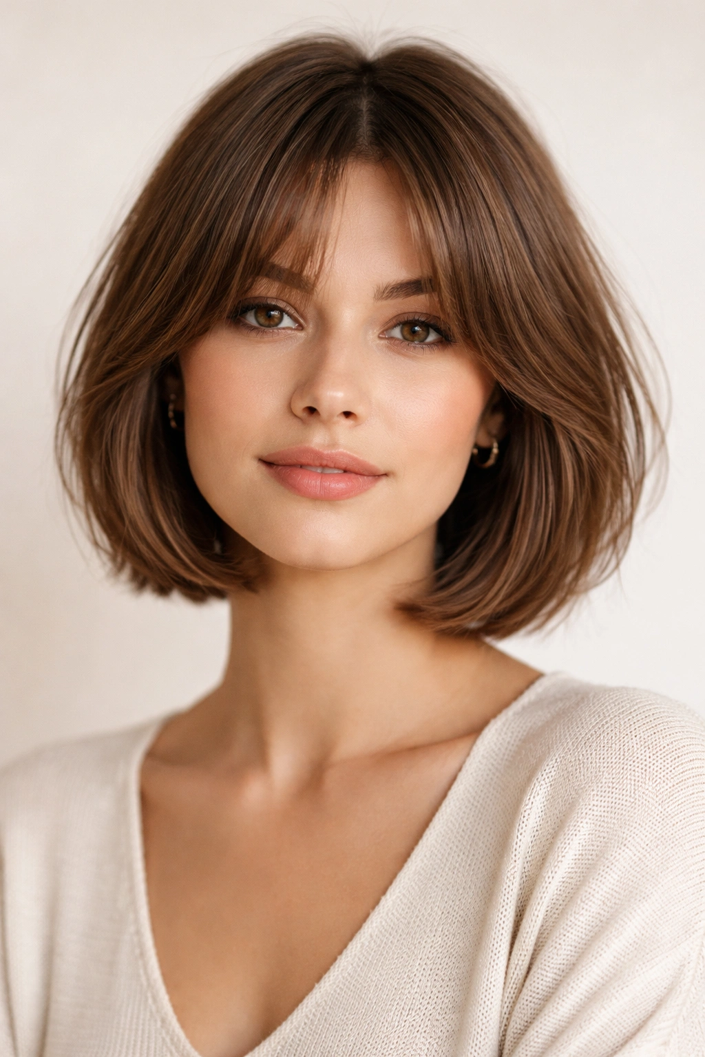 Close-up of chin-length bob with feathered curtain bangs against a neutral studio backdrop
