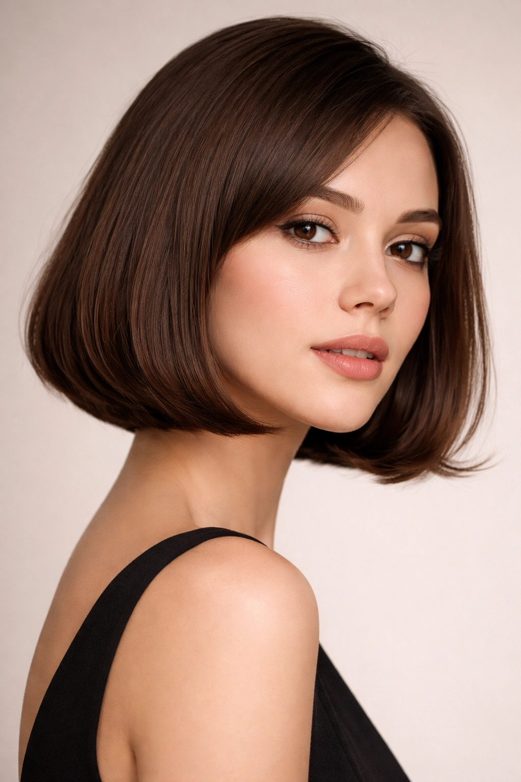 Close-up of chin-length flipped bob with blunt edge and glossy finish.