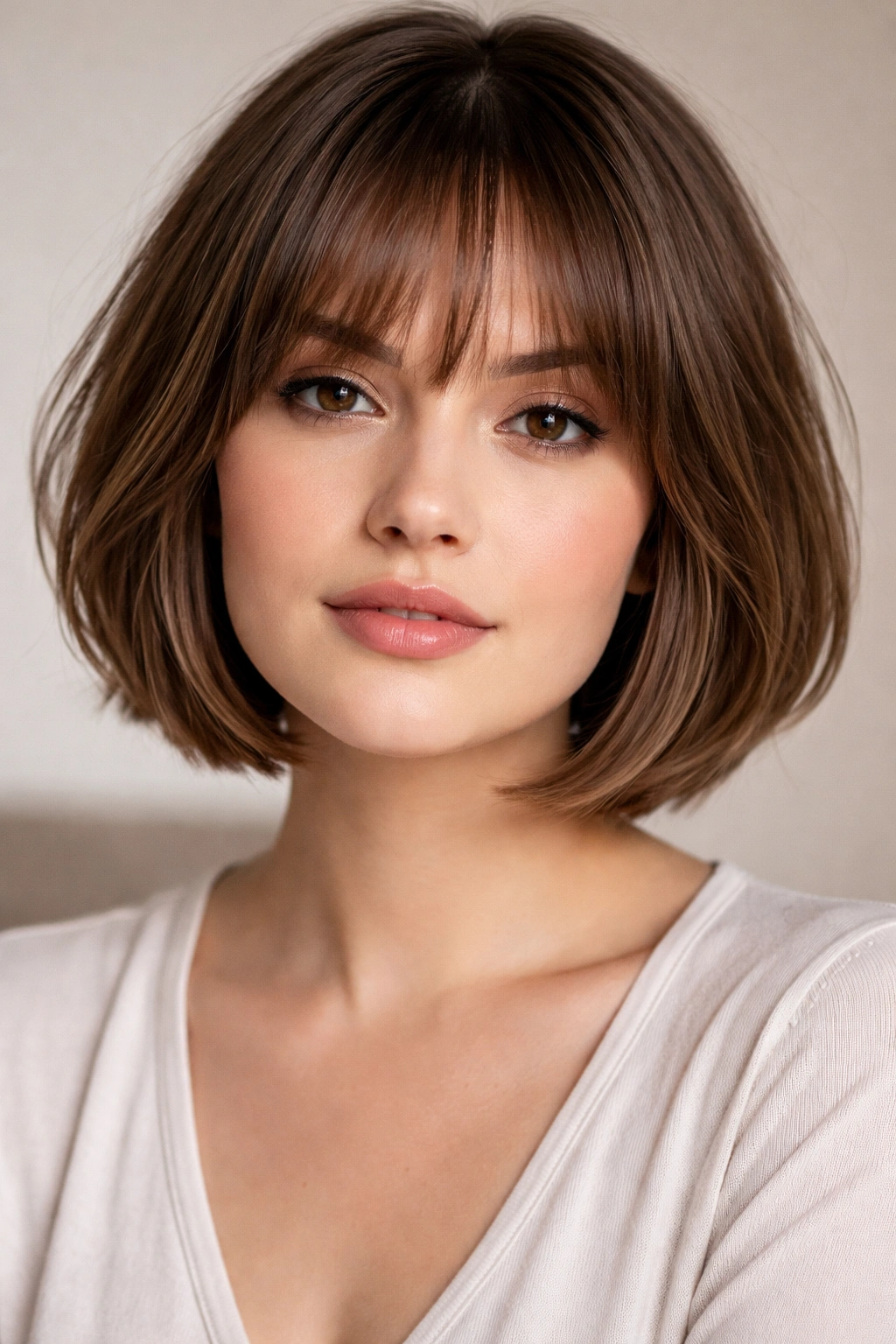 Close-up of a chin-length bob with a light long fringe framing the face