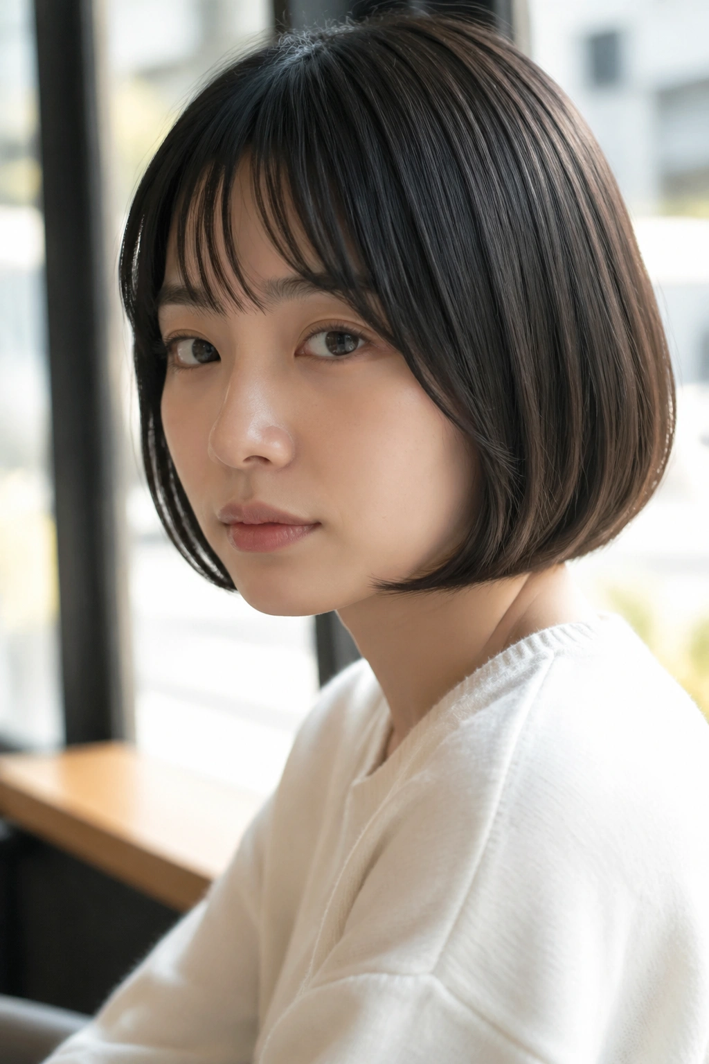 Portrait of a real person with chin-length bob inward curve in a sunlit cafe