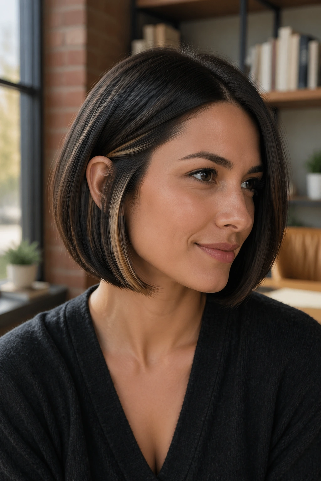 Close-up of a real woman with a chin-length bob and hidden peekaboo highlights
