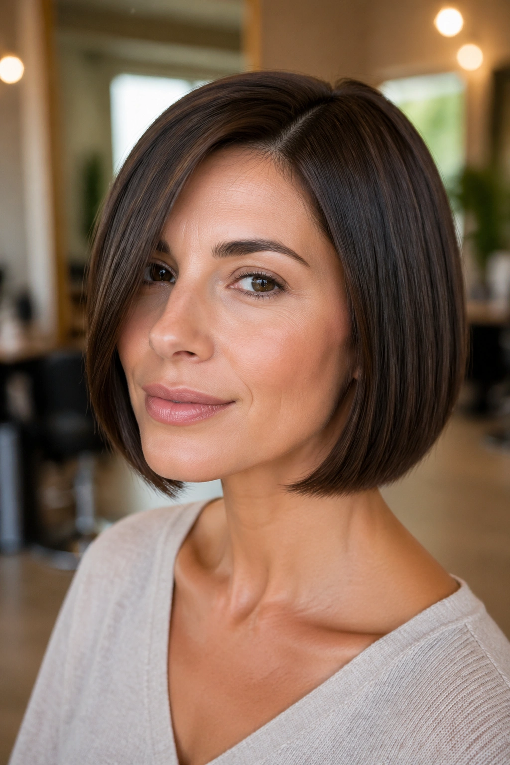 Close-up portrait of a real woman with a chin-grazing bob and blunt edge in a warm salon
