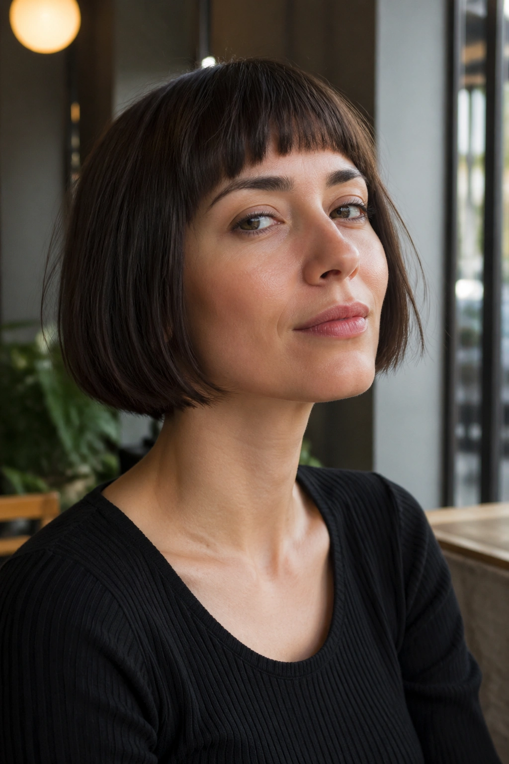 Close-up of a person with a chin-length bob and short bangs in a modern cafe