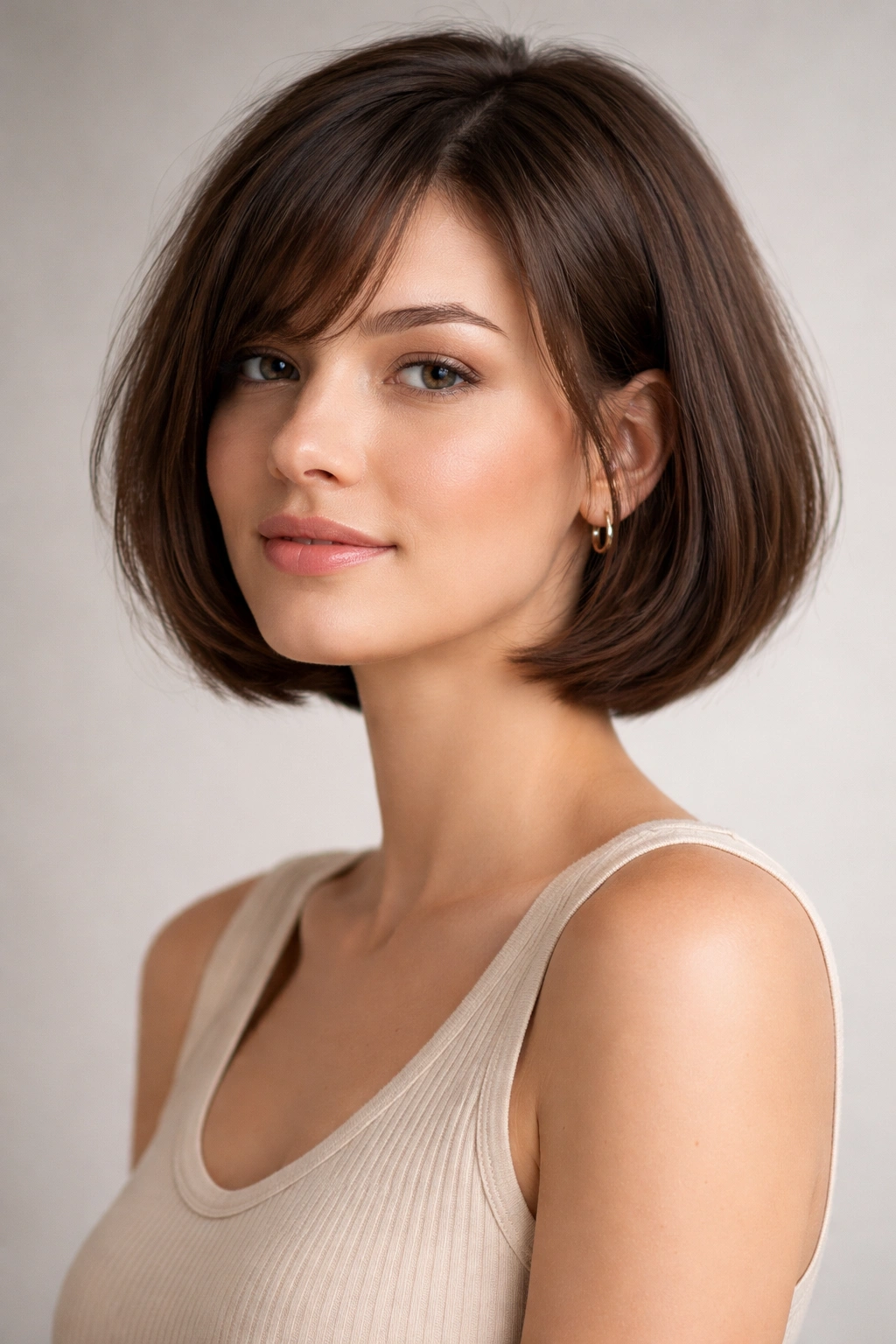 Close-up portrait of a chin-length bob with soft off-center side bangs framing the jawline