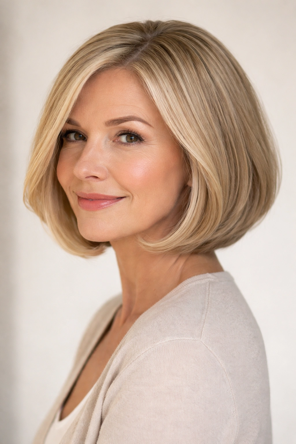 Close-up of chin-length bob with soft, beveled ends framing the jawline.