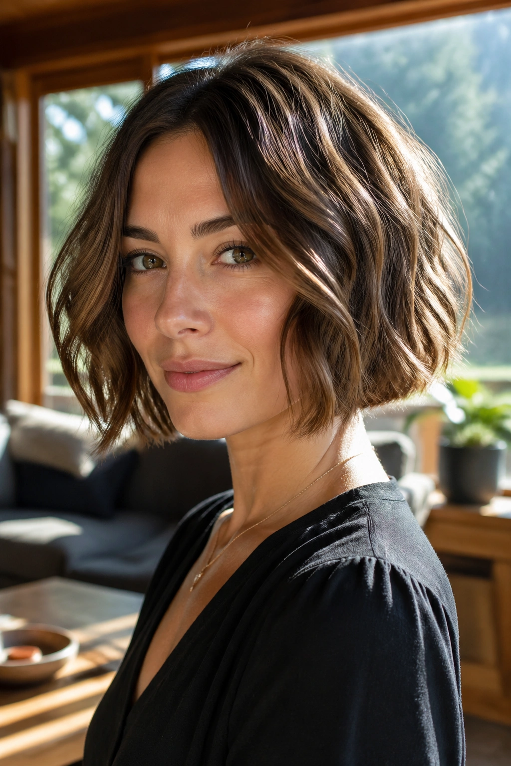 Close-up of real woman with chin-length bob and soft waves.