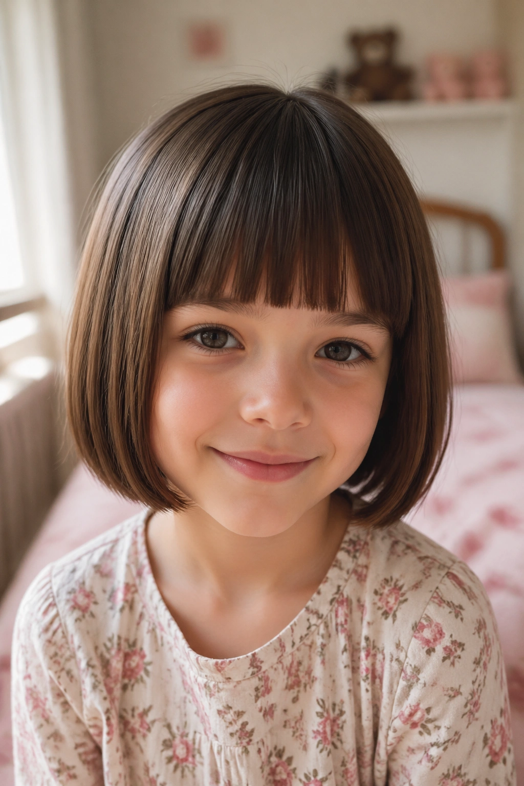 Close-up of a real child girl with a chin-length bob and straight bangs, face framed by neat hair.