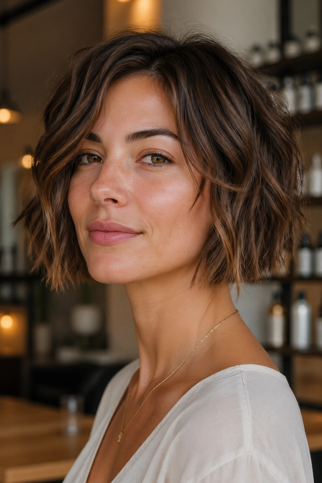 Close-up portrait of a real woman with a choppy chin-length bob in warm salon light