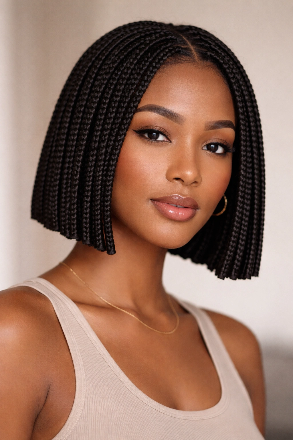 Close-up of a chin-length box braid bob with blunt ends along the jawline