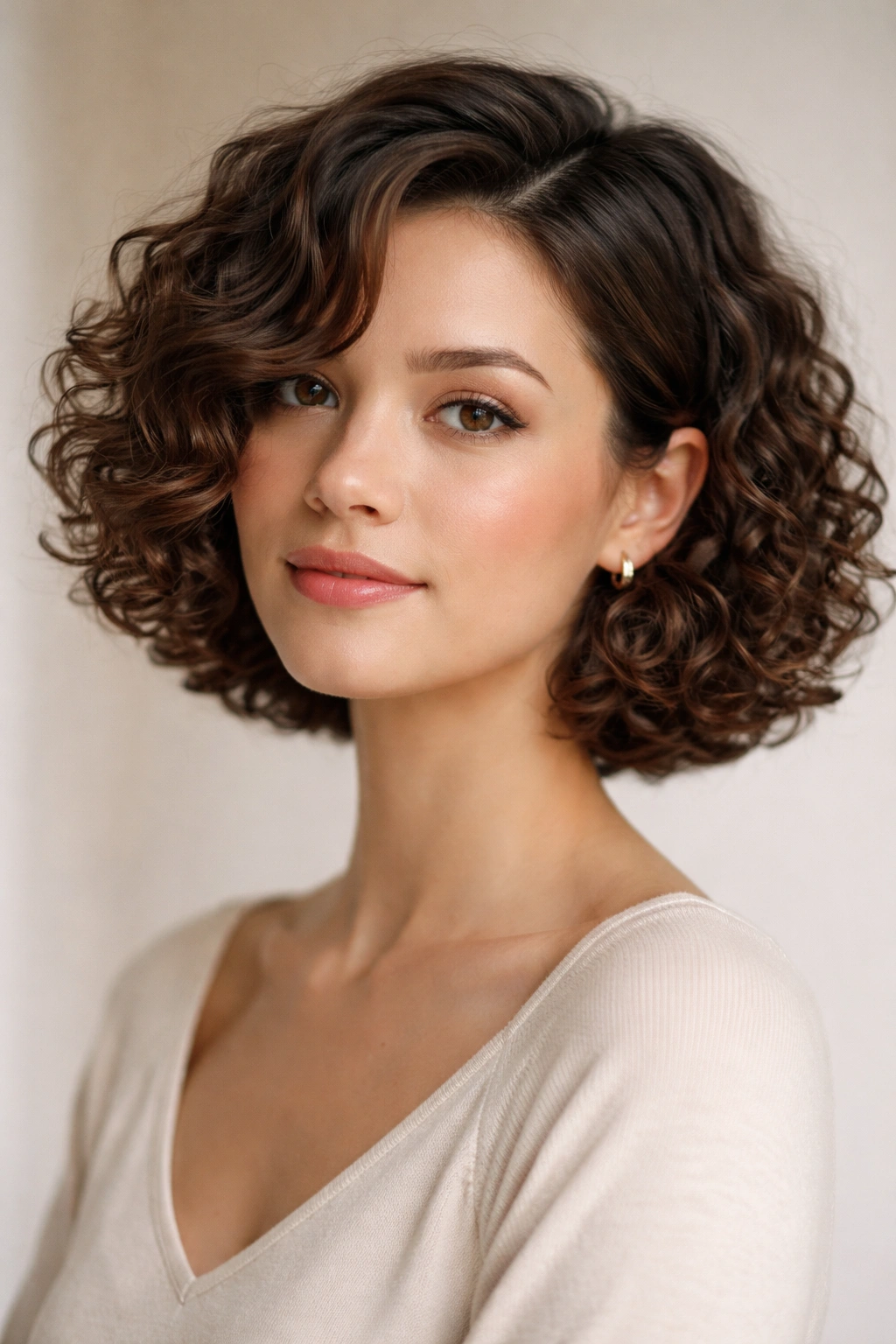 Close-up of chin-length curly bob with a side part on an oval-faced model