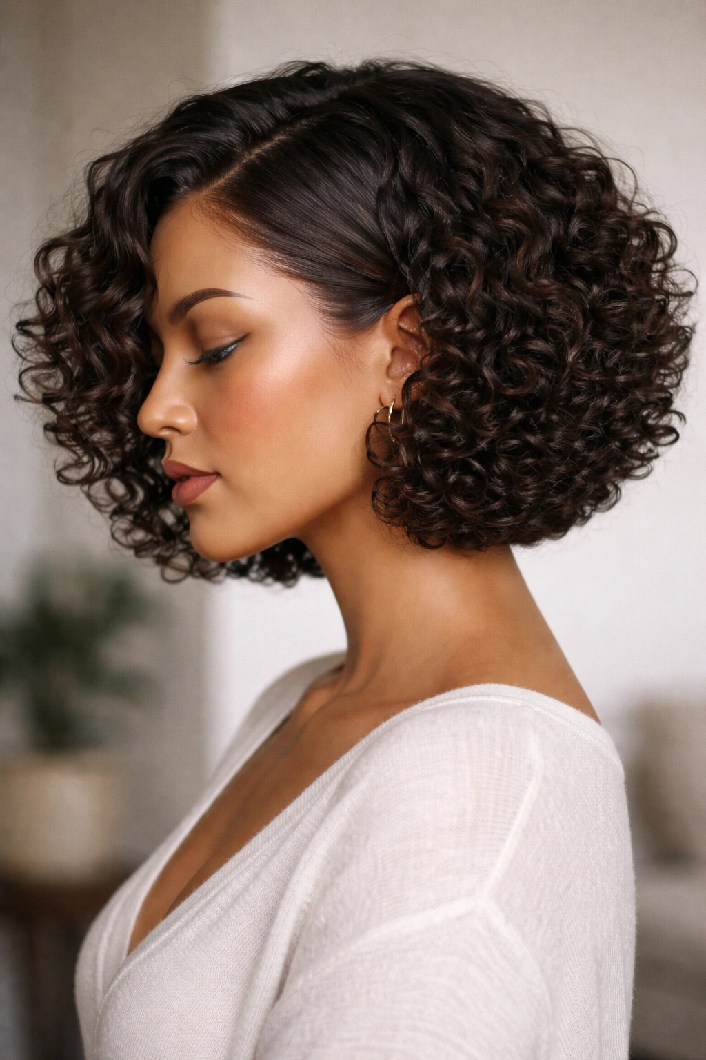 Chin-length curly bob half-wig displayed on a head, showing jawline length.