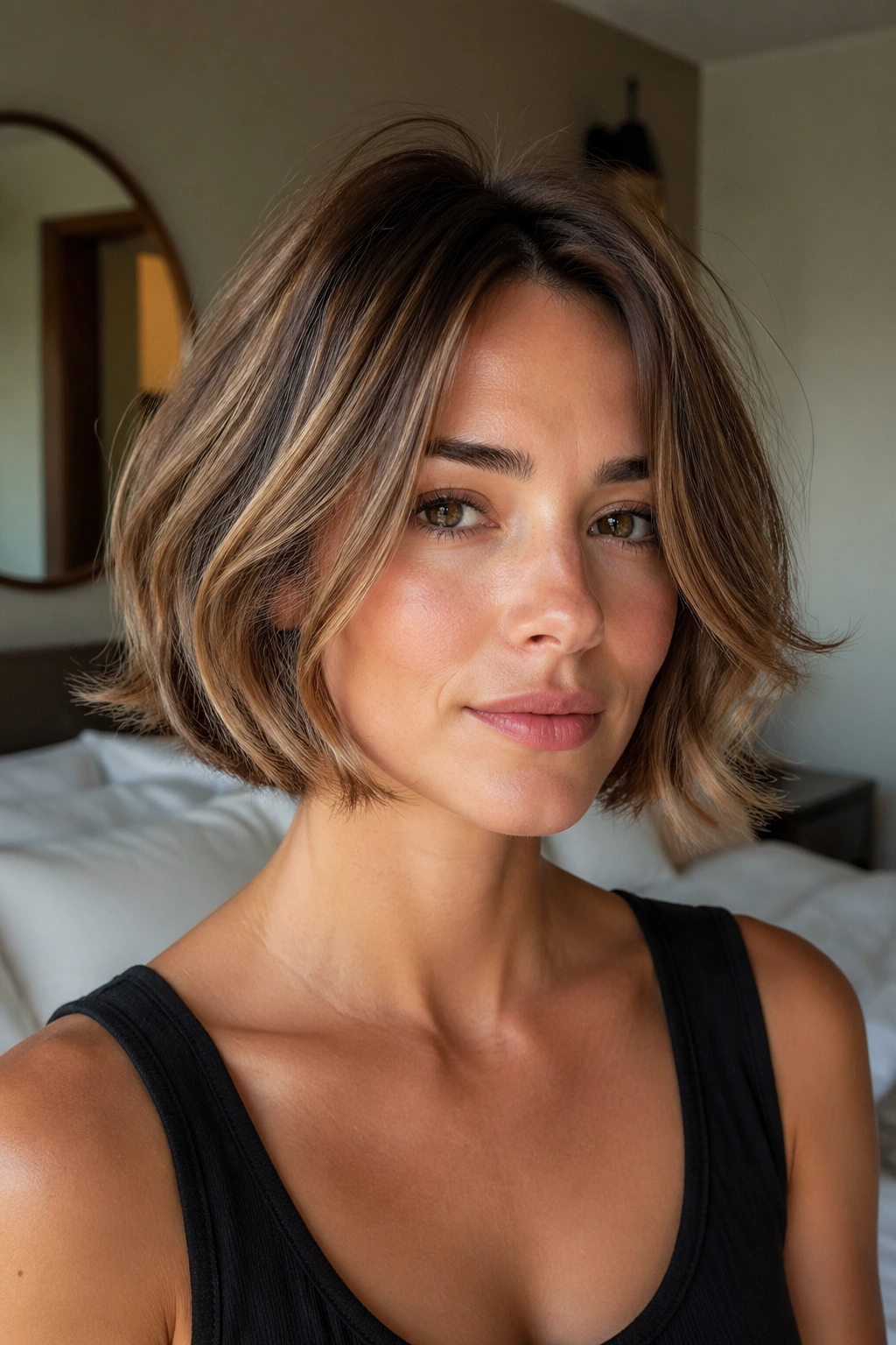 Close-up portrait of a real woman with a chin-length feathered bob and airy ends in window light