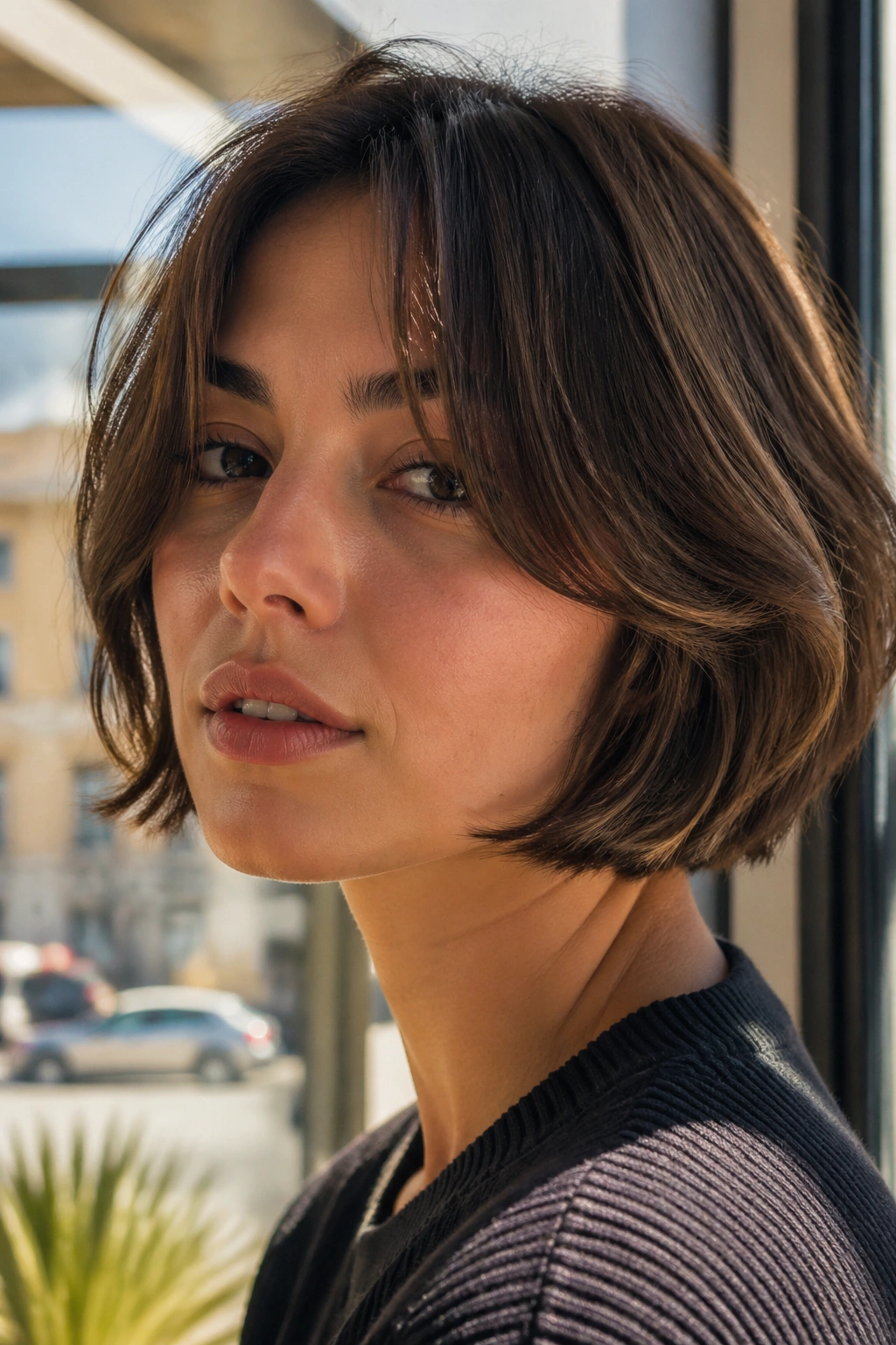 Close-up of a real woman with Chin-Length French Bob Wolf Cut with Curtain Bangs in a sunlit cafe