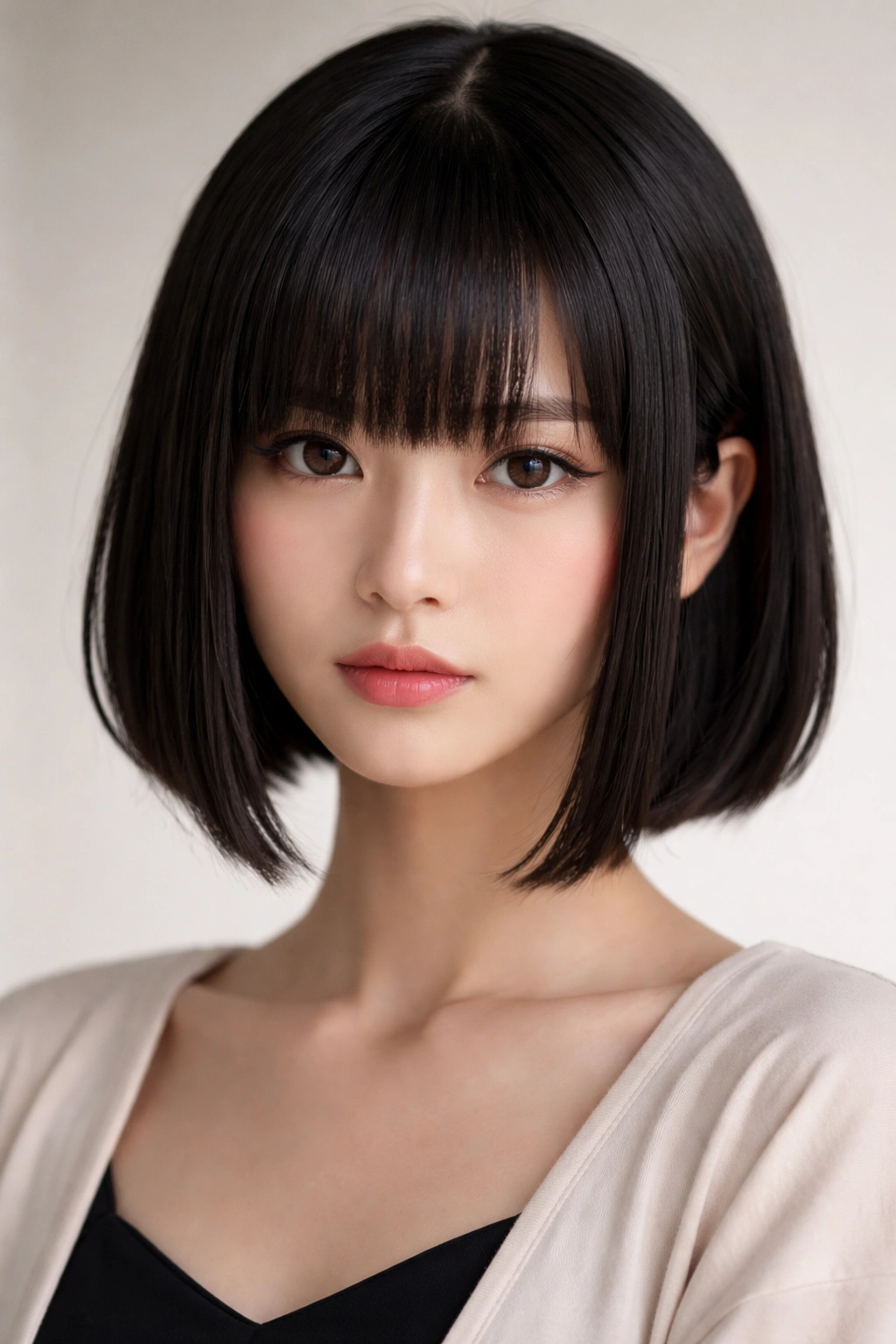 Chin-length hime cut bob with fringe and temple pieces.