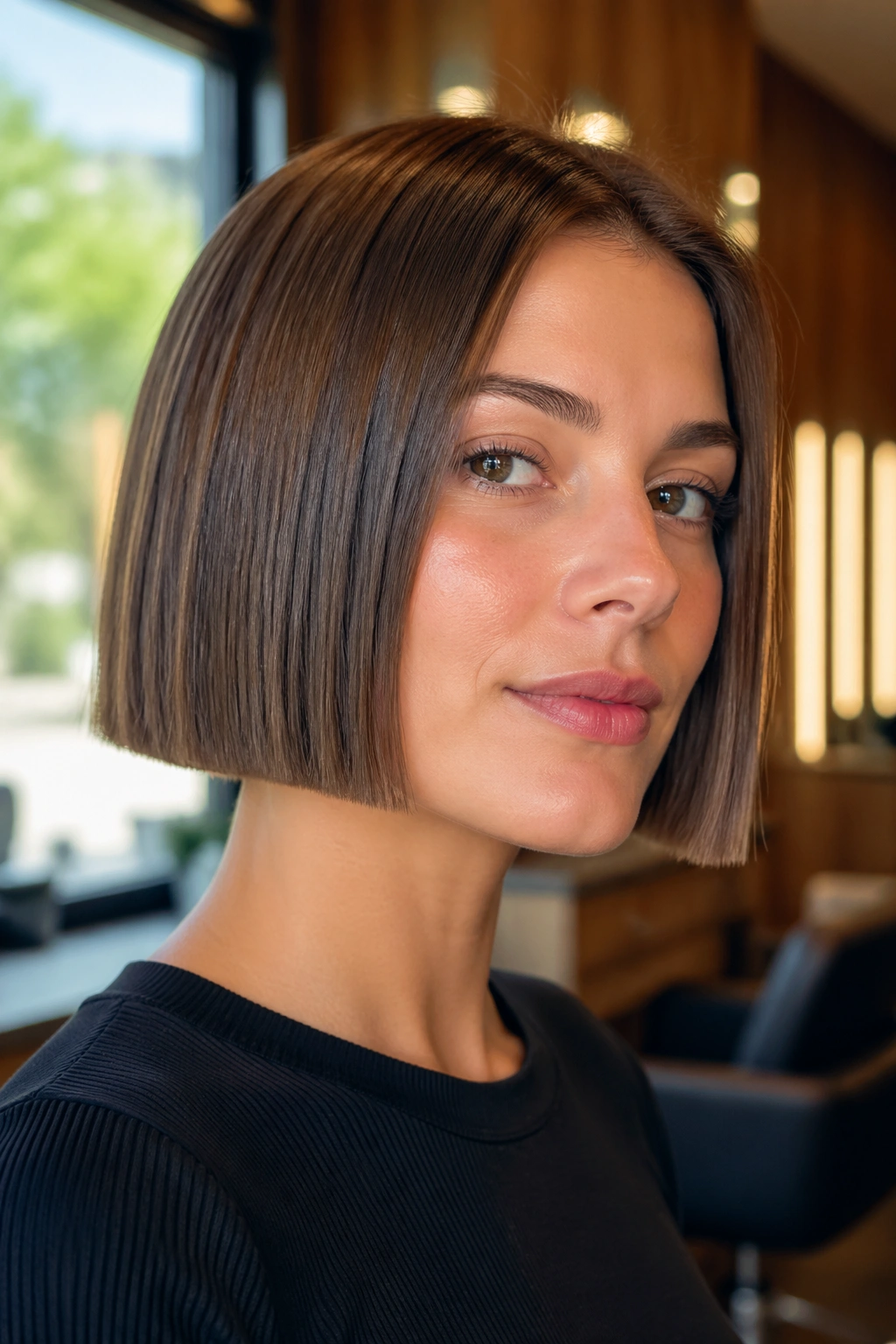 Close-up of a real woman with a chin-length laser cut bob and blunt jawline