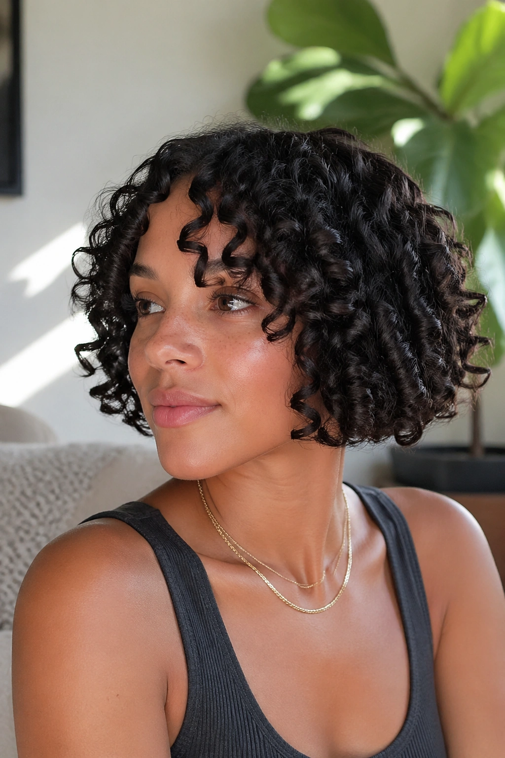 Close-up portrait of a real woman with a chin-length layered bob in a sunlit room