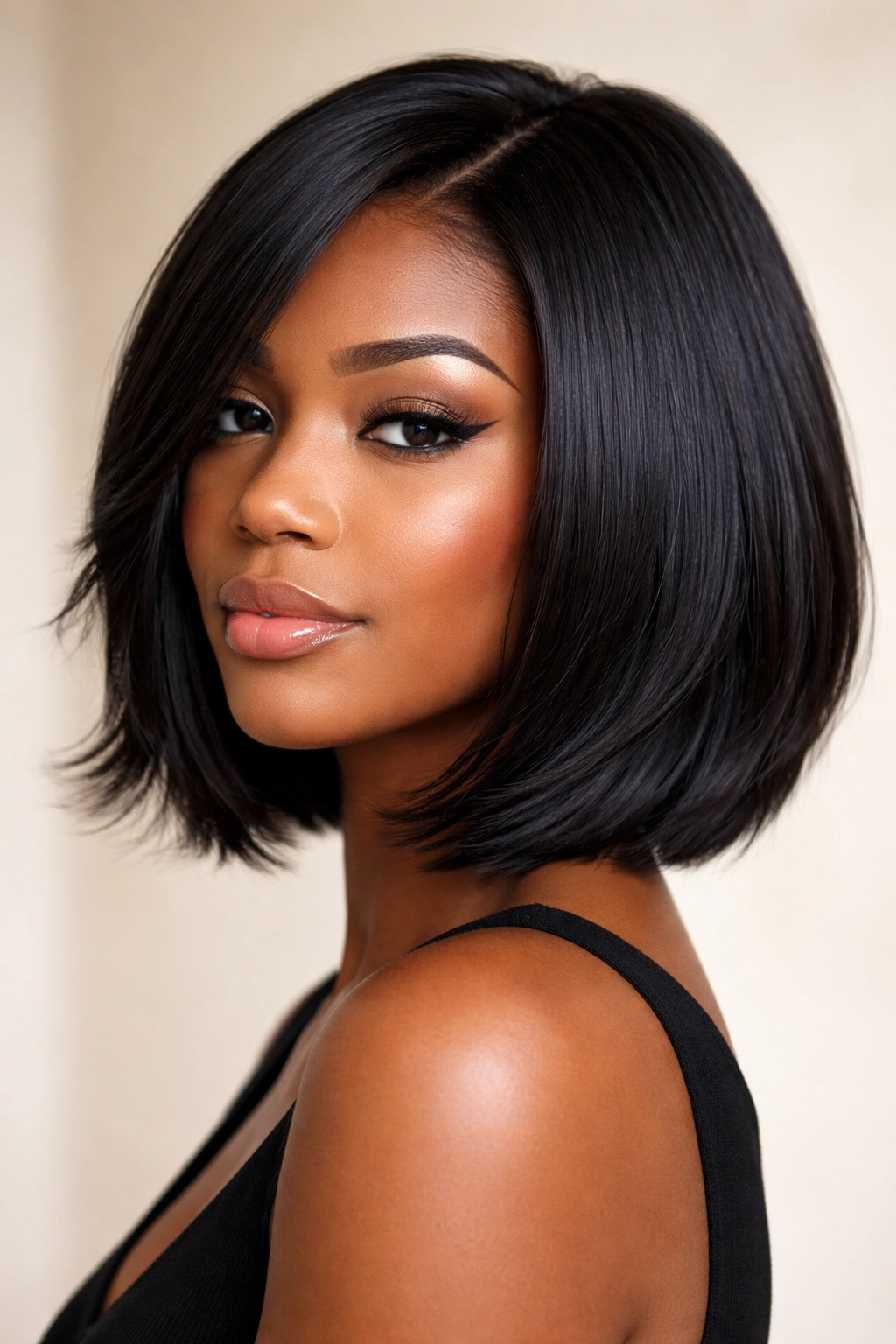 Close-up of chin-length razor bob with feathered ends on Black hair