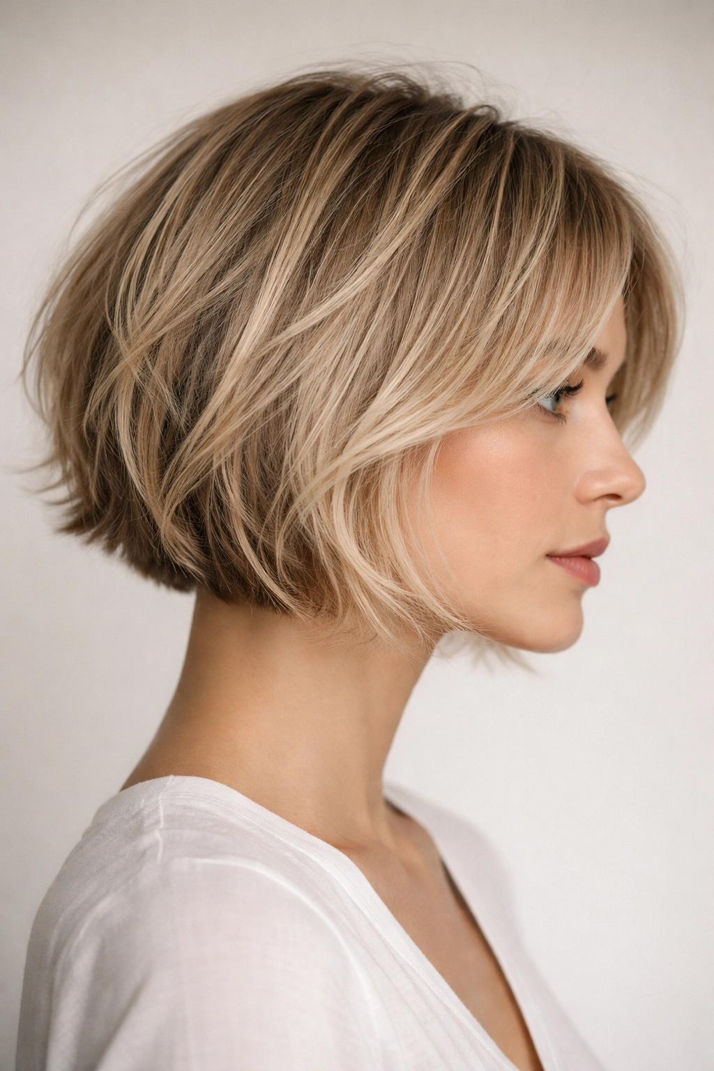 Close-up of a chin-length razor-cut bob showing airy texture along the jawline.