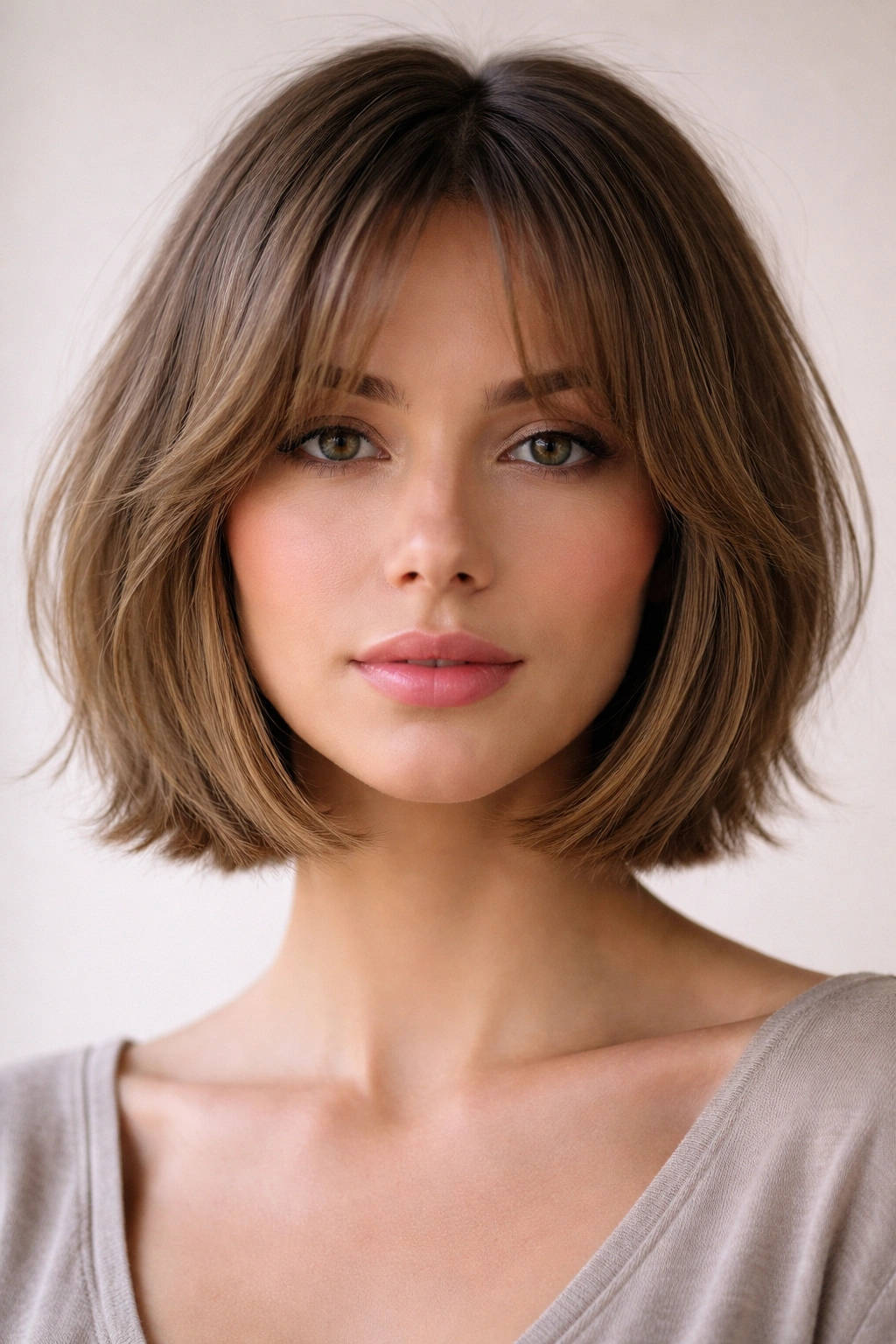 Front view of a chin-length razor bob with curtain bangs parted in the middle.