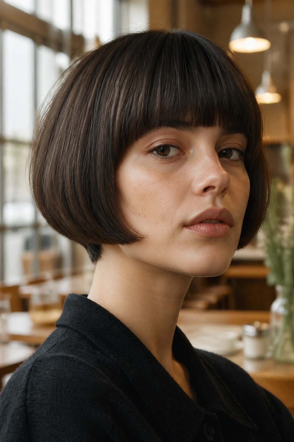 Portrait of a real person with a chin-length rounded bowl bob at chin level
