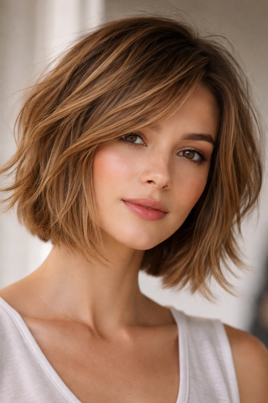 Chin-length shaggy bob with side part and soft layers