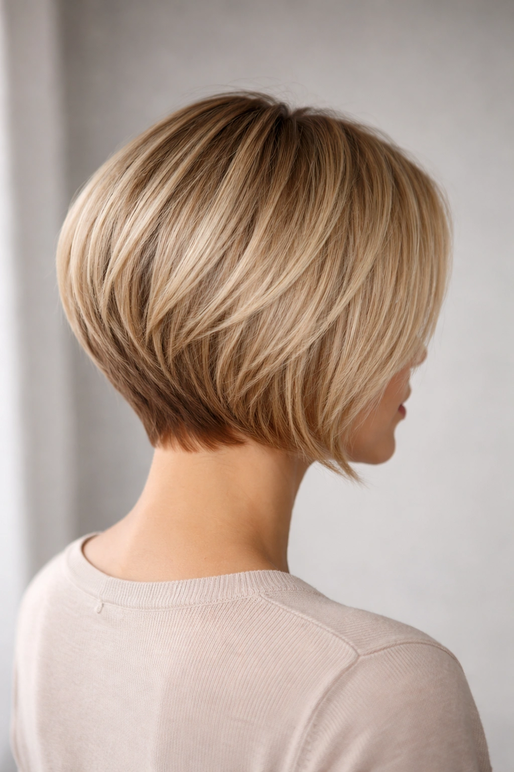 Back view of chin-length stacked bob on fine hair showing lift at the nape.