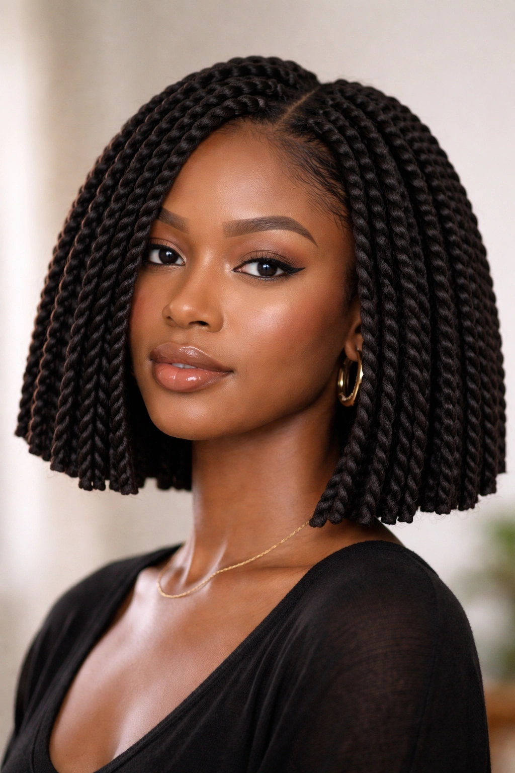 Chin-length twist bob with blunt ends close-up