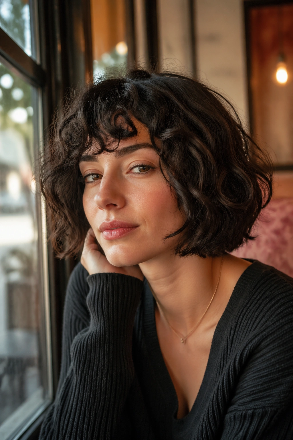 Close-up portrait of a woman with chin-length wolf cut and curly bangs in a cafe window