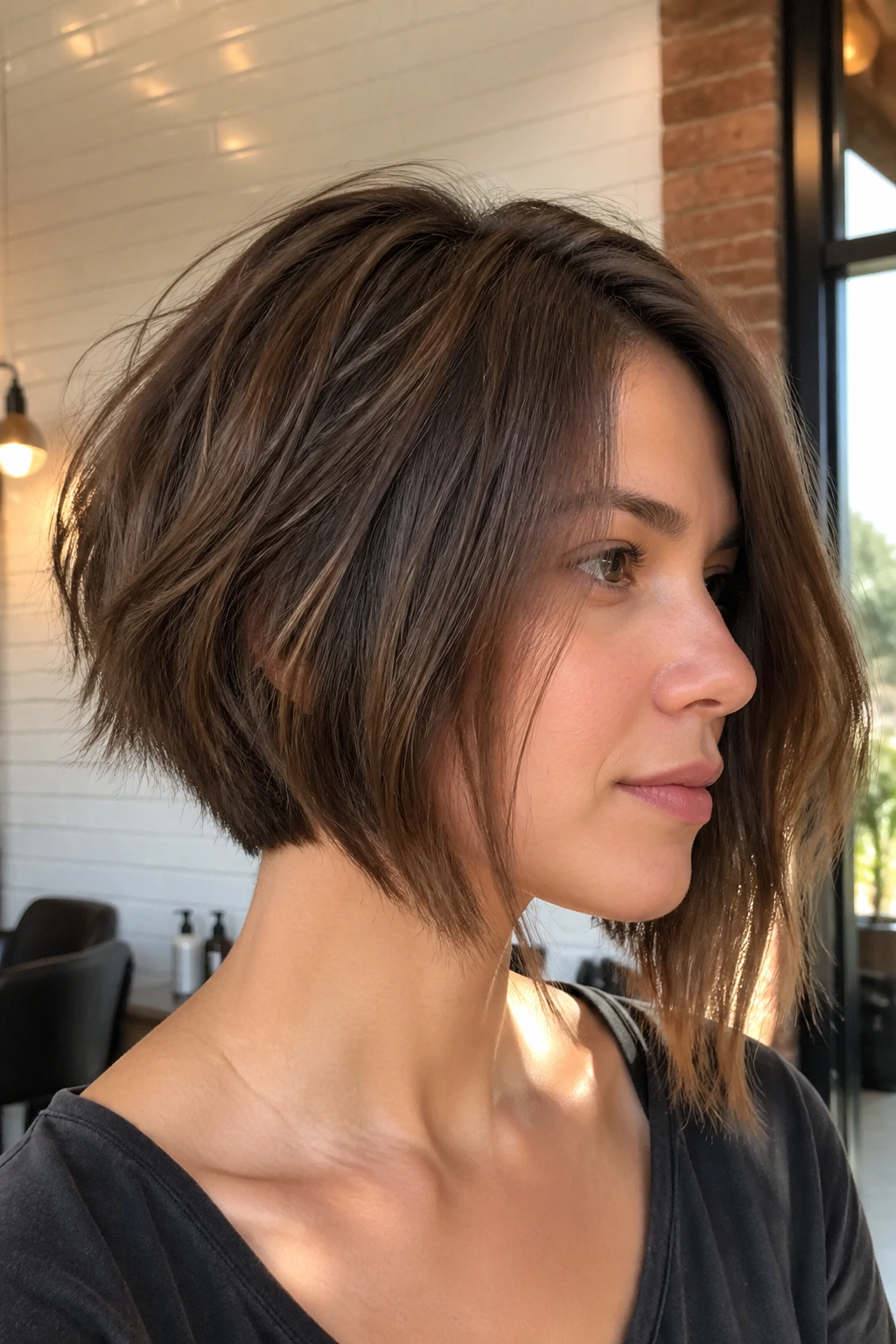 Close-up of a real woman with a choppy asymmetrical bob on fine hair in a sunlit salon.