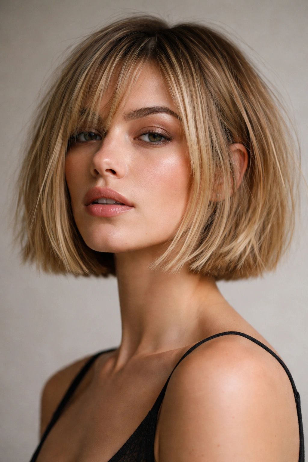 Close-up of a chin-length choppy blunt messy bob with textured edge